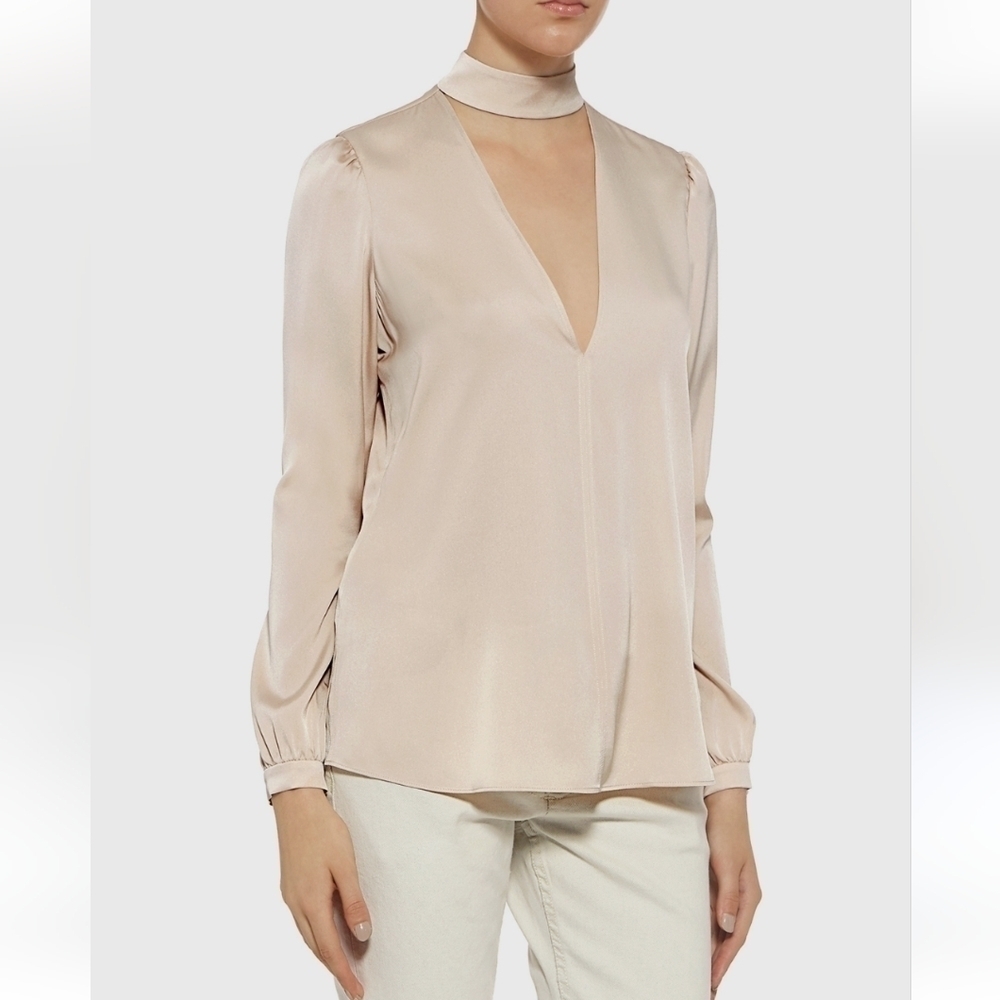 ALC Blouse Silk Stretch V-Neck Choker  Beige Long Sleeve Cuff Women's 8